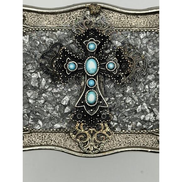 Vintage P. Kellogg Signed Western Belt Buckle Cross Ornate Crushed Silver 3.75\